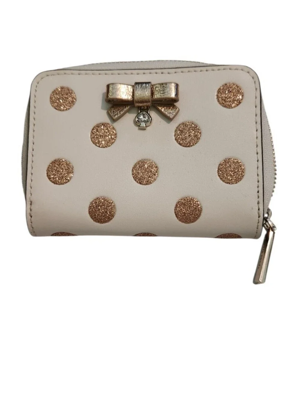 Kate Spade Wrapping Party Cream Wallet with Gold Glitter Polka Dots and Bow